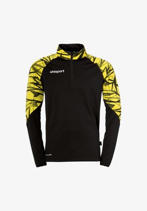 Sort langærmet pullover med halv-zip krave. Har et gult geometrisk mønster på skuldrene. Materialet virker glat og let.