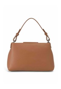 Sac à main en cuir marron avec une texture lisse, une forme structurée, une seule sangle réglable et un design minimaliste.