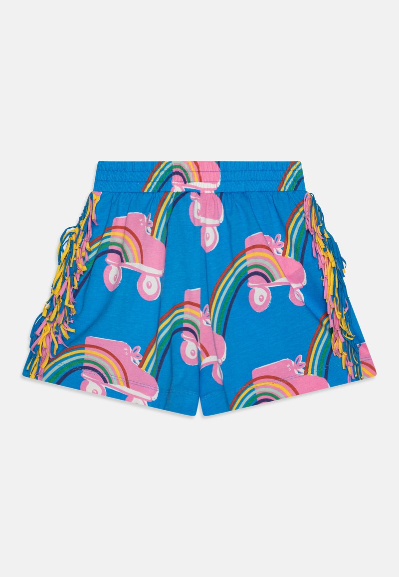 Blue shorts featuring a roller skate design in pink with rainbow accents. Fuchsia fringe detailing along the sides adds texture.