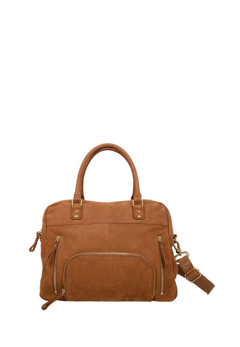 Brown suede handbag with two top handles, adjustable shoulder strap, front zippers, and gold-tone hardware accents. Compact rectangular design.
