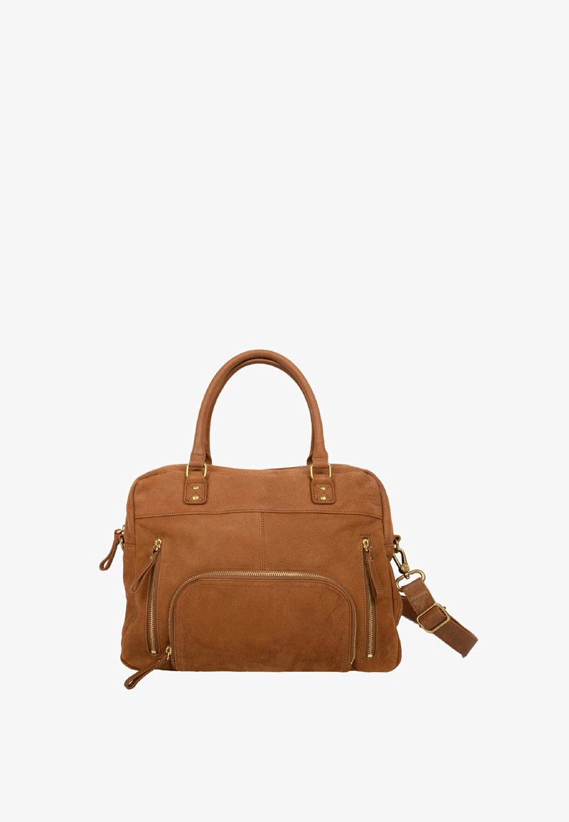 Sac à main en suède marron avec deux poignées supérieures, une bandoulière réglable, des zips à l'avant et des accents en métal doré. Design rectangulaire compact.