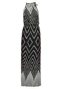Maxi-jurk in zwart en wit, met een halternek, elastische taille en een zigzagpatroon met diamantvormen. Zacht, lichtgewicht materiaal.