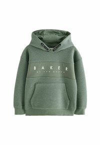 Hoodie vert avec un tissu texturé, poche kangourou et cordon de serrage ajustable. Logo "BAKER" en blanc sur la poitrine.