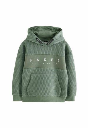 Vihreä huppari, jossa on teksturoitu kangas, kengurutasku ja säädettävä nyöri. "BAKER" logo valkoisena rinnassa.
