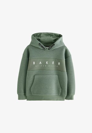 Roheline kapuutsiga pluus, millel on tekstureeritud kangas, känguru tasku ja reguleeritav nöör. Rinnal on valge "BAKER" logo.