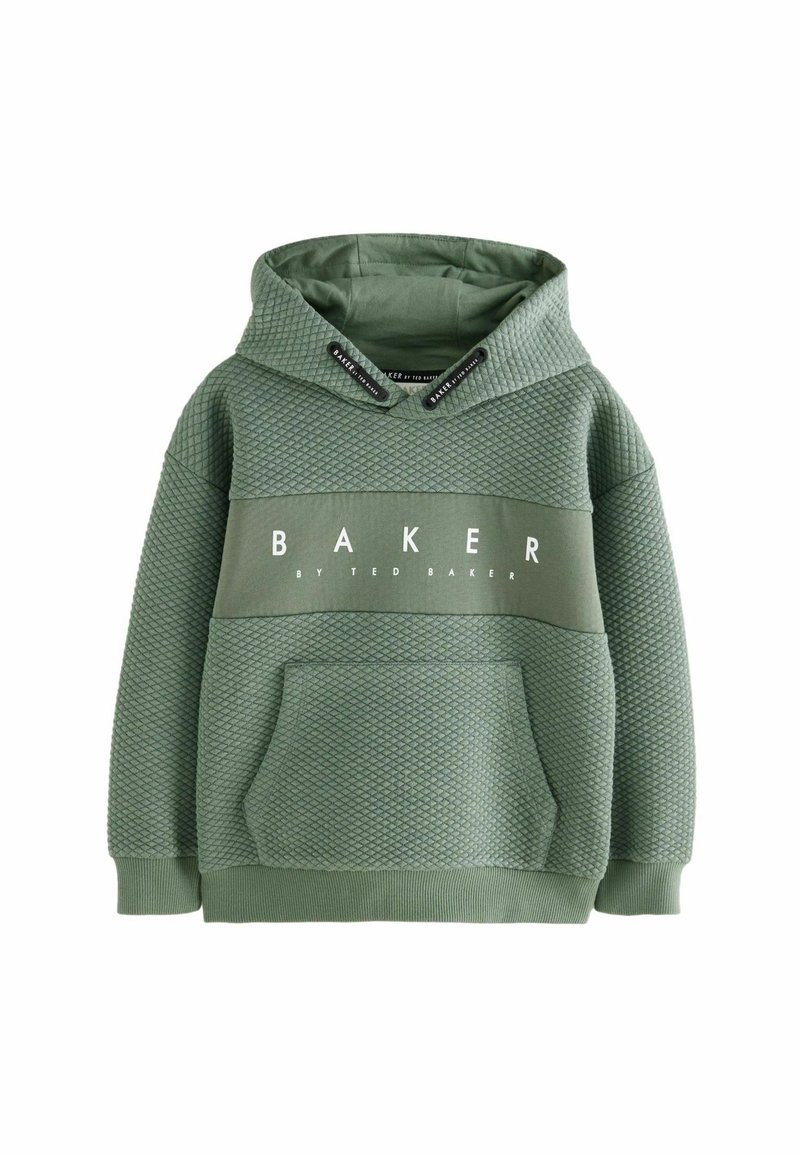 Hoodie vert avec un tissu texturé, poche kangourou et cordon de serrage ajustable. Logo "BAKER" en blanc sur la poitrine.