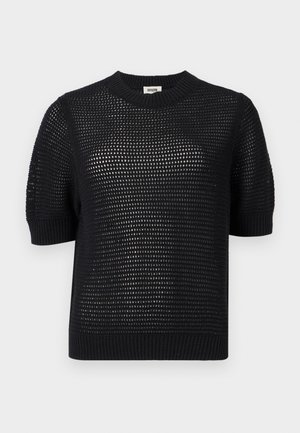 Pull en maille noir à manches courtes avec un motif en résille et un col, des poignets et un ourlet côtelés, présenté sur un fond clair.