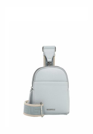 Light blue leather crossbody bag with front pocket, silver zipper, and wide blue-beige adjustable strap with geometric pattern.