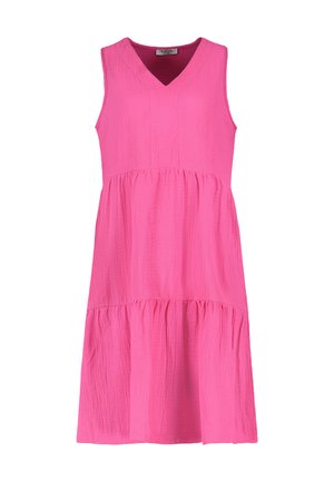 Ärmelloses, V-Ausschnitt Kleid in leuchtendem Pink, aus crinkle Stoff mit einem gestuften Design. Verfügt über eine fließende A-Linie Silhouette.