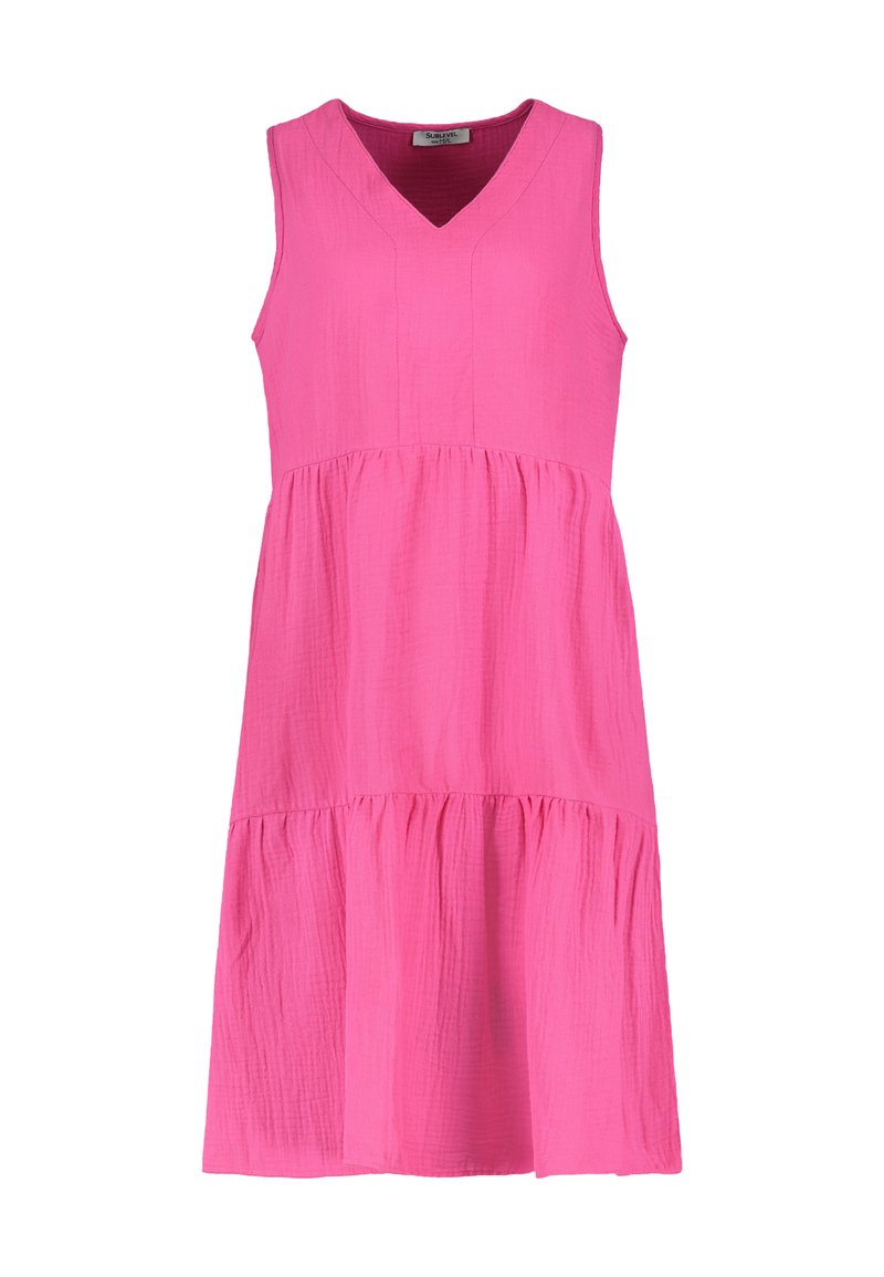 Ärmelloses, V-Ausschnitt Kleid in leuchtendem Pink, aus crinkle Stoff mit einem gestuften Design. Verfügt über eine fließende A-Linie Silhouette.