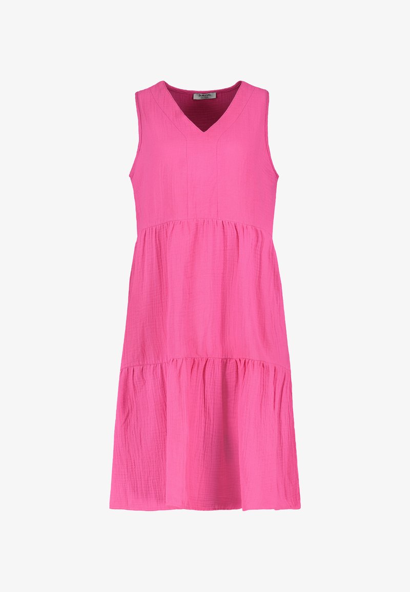 Sleeveless, V-neck dress in bright pink, made from crinkled fabric with a tiered design. Features a flowing A-line silhouette.