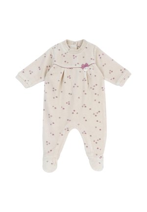 Body pour bébé couleur crème avec manches longues, jambes munies de pieds, des points roses éparpillés, un petit nœud violet et une fermeture à boutons devant au niveau du cou.