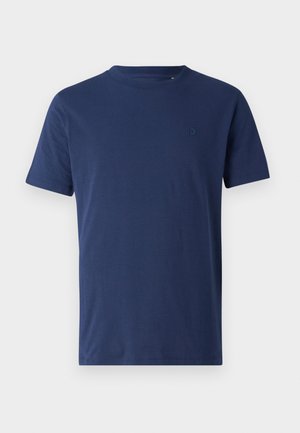 Marineblaues T-Shirt mit kurzen Ärmeln, Rundhalsausschnitt, aus Baumwolle, mit einem kleinen tonalen Logo auf der Brust und glatter Textur.