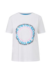 White cotton t-shirt featuring a circular text graphic with the words "JOYFUL" and "FEELING" in varying colors of blue, pink, and black.