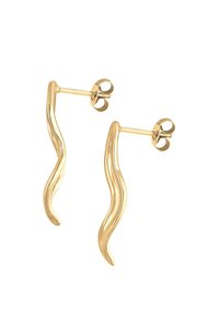 Ohrringe in Goldton mit einer wellenförmigen Gestaltung, aus Metall gefertigt. Sie haben einen Steckverschluss und glänzende, glatte Oberflächen.