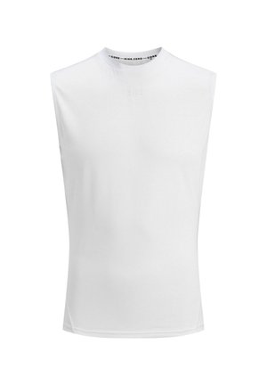 Moteriškas baltas sportinis marškinėliai be rankovių su aukštu apykaklės modeliu, subtilus "CNZ" logotipas ant krūtinės ir prekės ženklo tekstas vidinėje apykaklėje.