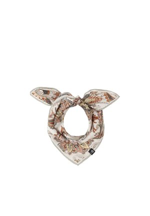 Square silk scarf with orange, brown, and yellow paisley and floral patterns, tied in a knot at the top.