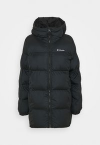 Juodas paminkštintas pūkinis švarkas su gobtuvu, su priekiu užtrauktuku, elastingomis rankogaliais ir logotipo detale ant krūtinės. Lygi, matinė apdaila.