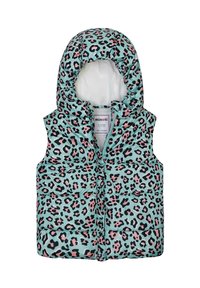 Pamučna prsluk svijetloplave boje s ružičastim i crnim leopard uzorkom. Ima kapuljaču, prednji zip i qiltanu teksturu. Oznaka unutra.