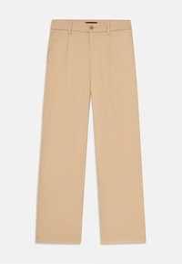 Beige bomullsbyxor med rak passform, med en enda knappstängning och två framfickor för en skräddarsydd look.