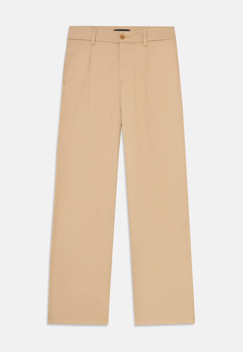 Beige bomullsbyxor med rak passform, med en enda knappstängning och två framfickor för en skräddarsydd look.