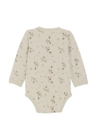 Krämfärgad långärmad babydress av mjuk bomull, prydd med ett lekfullt kaninmönster med bruna detaljer och rund halsringning.