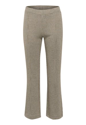 Ruitvormige high-waisted broek in beige en zwart. Gestructureerde pasvorm met uitlopende pijpen en subtiele textuur. Beschikt over zijnaadzakken.