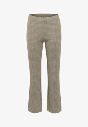 Checkered high-waisted pants in beige and black. Structured fit with flared legs and subtle texture. Features side seam pockets.