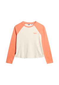 Long-sleeve raglan shirt with coral sleeves and collar, beige body, and small orange "SuperDry Athletics" logo on chest.