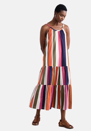Maxi dress featuring vertical stripes in orange, pink, navy, olive, and cream. Lightweight fabric with a tiered ruffle hem and adjustable straps.