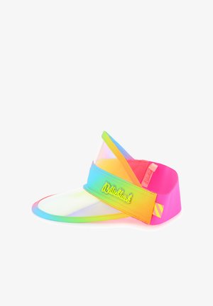 Przezroczysta daszek w tęczowym gradientowym wzorze, z różowym regulowanym paskiem z logo "Billieblush" oraz zakrzywionym, ochronnym daszkiem.