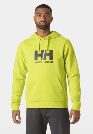 Sudadera amarilla brillante con un bolsillo frontal y un logo "HH" en negro con el texto "HELLY HANSEN". Fabricada en un tejido suave y sin textura.