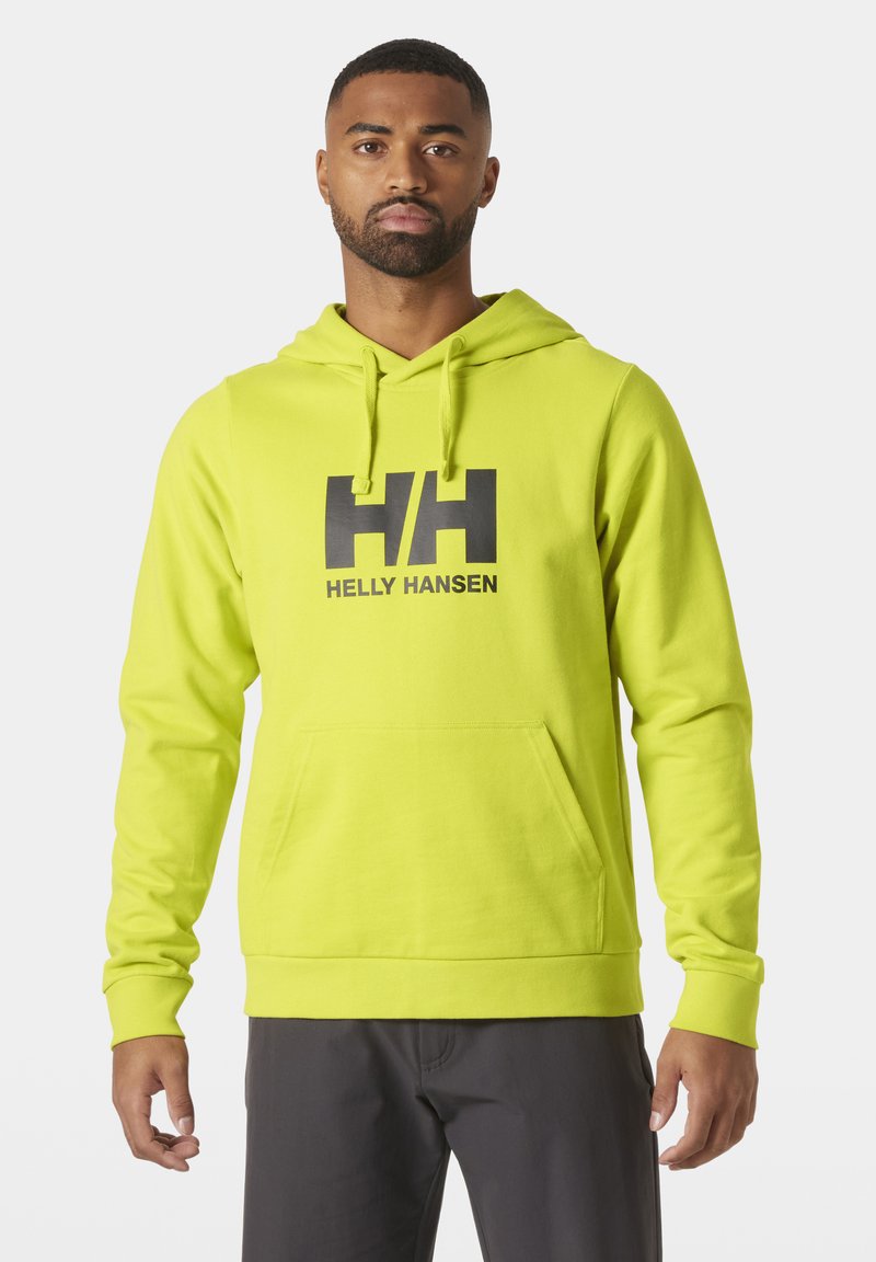 Jasně žlutá mikina s kapucí, která má přední kapsu a černé logo "HH" s textem "HELLY HANSEN". Vyrobena z měkké, beztexturové tkaniny.