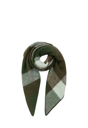 Soft wool scarf with large check pattern in shades of green, brown, gray, and white, folded in a loose loop with pointed ends.