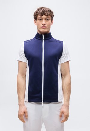 Mladi moški, oblečen v brezrokavnik z zadrgo temno modre barve čez belo kratkoročno majico, stoji pred enobarvno belo ozadje.