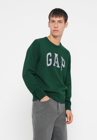 Grüner Pullover mit erhabenem "GAP"-Logo in Weiß und Grau, gerippte Bündchen und Saum, kombiniert mit grauen Jeans. Einfaches, legeres Design.