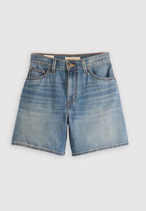 Denim shorts in light blue with a frayed hem, classic five-pocket design, and metal button closure. Features subtle fading and topstitching.