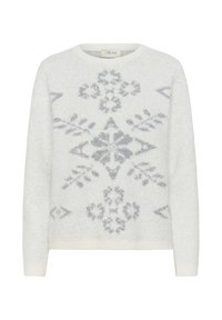 Pull blanc avec une finition douce et texturée. Présente un motif argenté scintillant avec des formes florales et géométriques. Encolure ronde classique.