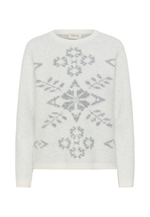 Witte trui met een zachte, textuurachtige afwerking. Heeft een glinsterend zilveren patroon met bloem- en geometrische vormen. Klassieke ronde halslijn.