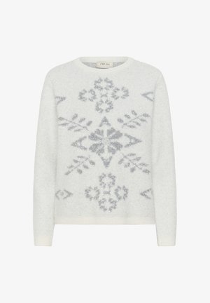 Witte trui met een zachte, textuurachtige afwerking. Heeft een glinsterend zilveren patroon met bloem- en geometrische vormen. Klassieke ronde halslijn.