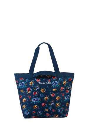 Navyblaue Blumentasche mit bunten Blumenmustern, aus Stoffmaterial, zwei stabilen Griffen und einem oberen Verschlussdesign.