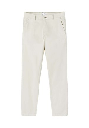 Pantaloni in cotone color beige chiaro con taglio dritto, dotati di due tasche frontali, chiusura con un unico bottone e dettagli cuciti sul fondo.