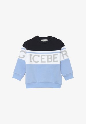 Felpa a maniche lunghe per bambini in nero, bianco e azzurro chiaro con la scritta "ICEBERG" sul petto e bottoni a pressione sulla spalla.