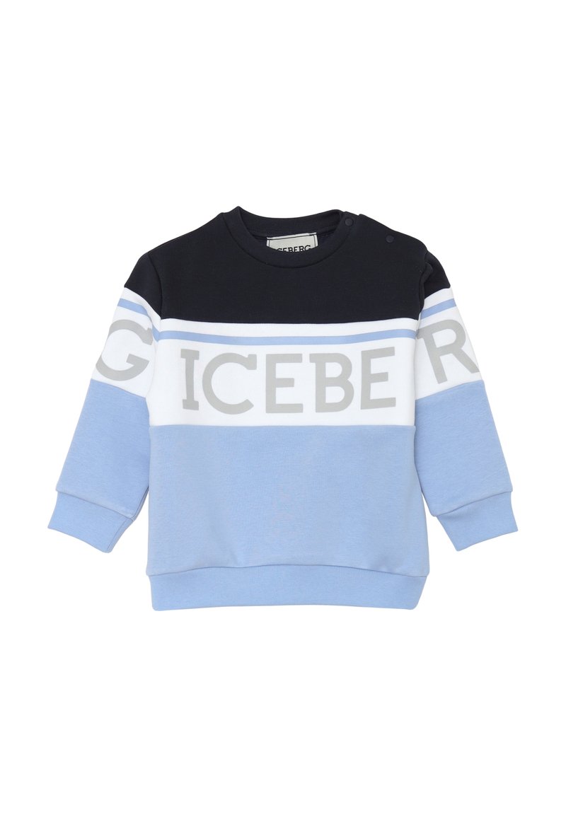 Felpa a maniche lunghe per bambini in nero, bianco e azzurro chiaro con la scritta "ICEBERG" sul petto e bottoni a pressione sulla spalla.