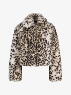 Rövidített műszőrme kabát leopárdmintával barna és krémszínekben, széles gallérral és hosszú ujjal.