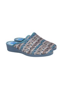 Zapatillas de textil con un patrón tejido en azul, beige y crema. El diseño presenta una parte superior suave y una suela baja de cuña de goma azul.