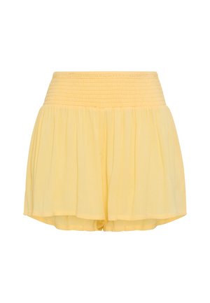 Yellow high-waist lightweight fabric shorts with smocked waistband and flowy, loose-fitting legs.