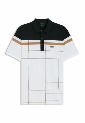 Polo shirt in zwart, wit en bruin met een geometrisch patroon. Drie knopen bij de kraag, korte mouwen en logo op de borst.