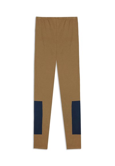 Brown leggings with a stretchy waistband, featuring navy blue accents on the lower legs. Made from soft, breathable fabric.