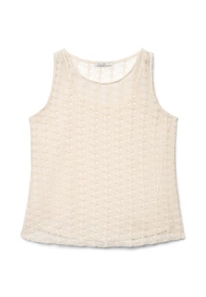 Débardeur beige sans manches en dentelle avec encolure ronde et rayures verticales à motifs floraux, présenté à plat sur fond blanc.